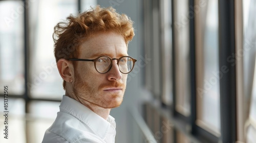 Handsome 45 years old gentle caucasian ginger red hair man, wearing glasses, formal slick hairstyle, smooth face in a modern office building, wearing white shirt, beside a huge window hyper realistic 