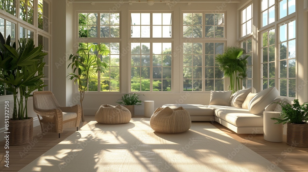 Fototapeta premium A sunroom with a clean, minimalist design, featuring simple furniture, neutral colors, and large windows allowing an abundance of natural light