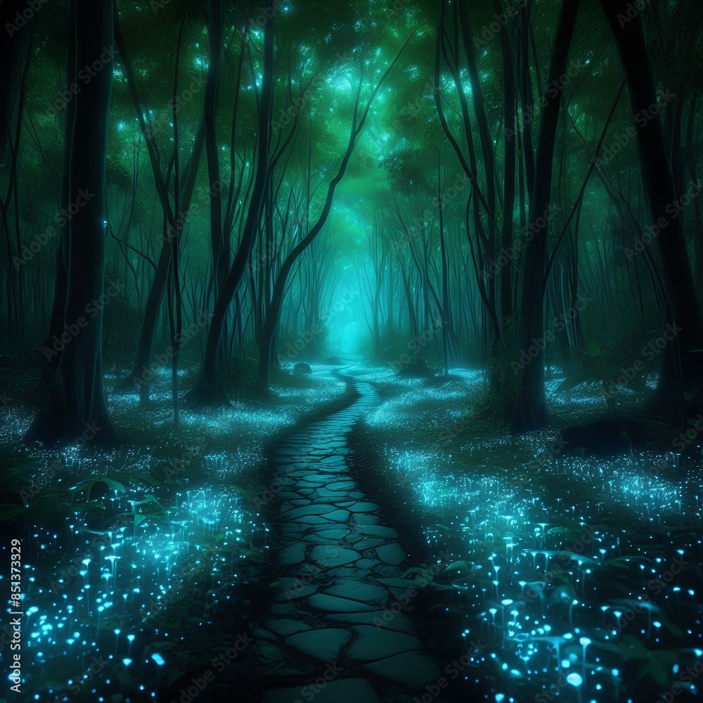 Fototapeta premium Bioluminescent forest pathway, lighting up with natural glow from flora and fauna during a mystical night.