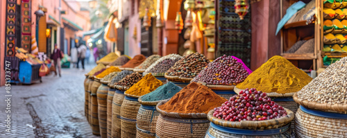 A vibrant street market in Marrakech, filled with exotic spices, handcrafted goods, and the bustling energy of local vendors, offering a glimpse into Moroccan culture.