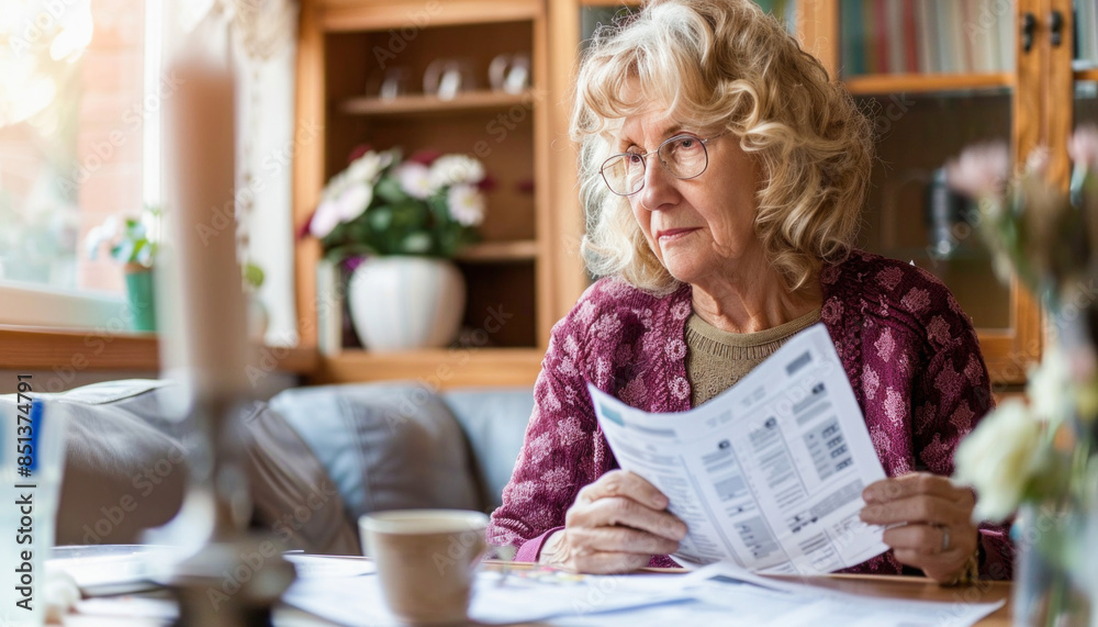 Adult woman checking receipts at table Adult woman checking receipts at table