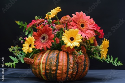 Flower Arrangement with Autumn Pumpkin Decoration for Thanksgiving © Web