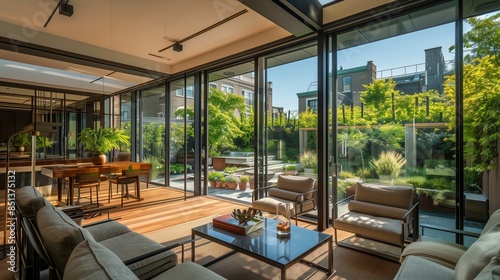 A sunroom with a contemporary aesthetic  featuring sleek furniture  glass walls  and a view of the rooftop garden through ceiling windows
