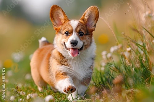 A corgi puppy running through a grassy field, ears flopping and tongue hanging out. The background shows a bright, sunny day 