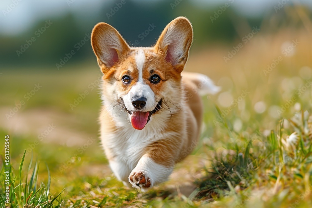 A corgi puppy running through a grassy field, ears flopping and tongue hanging out. The background shows a bright, sunny day A corgi puppy running through a grassy field, ears flopping and tongue hanging out. The background shows a bright, sunny day