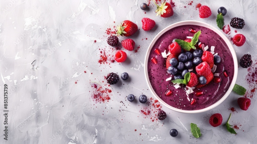 Overhead Bowl. Healthy Acai Smoothie Bowl with Berries on Light Background Overhead Bowl. Healthy Acai Smoothie Bowl with Berries on Light Background