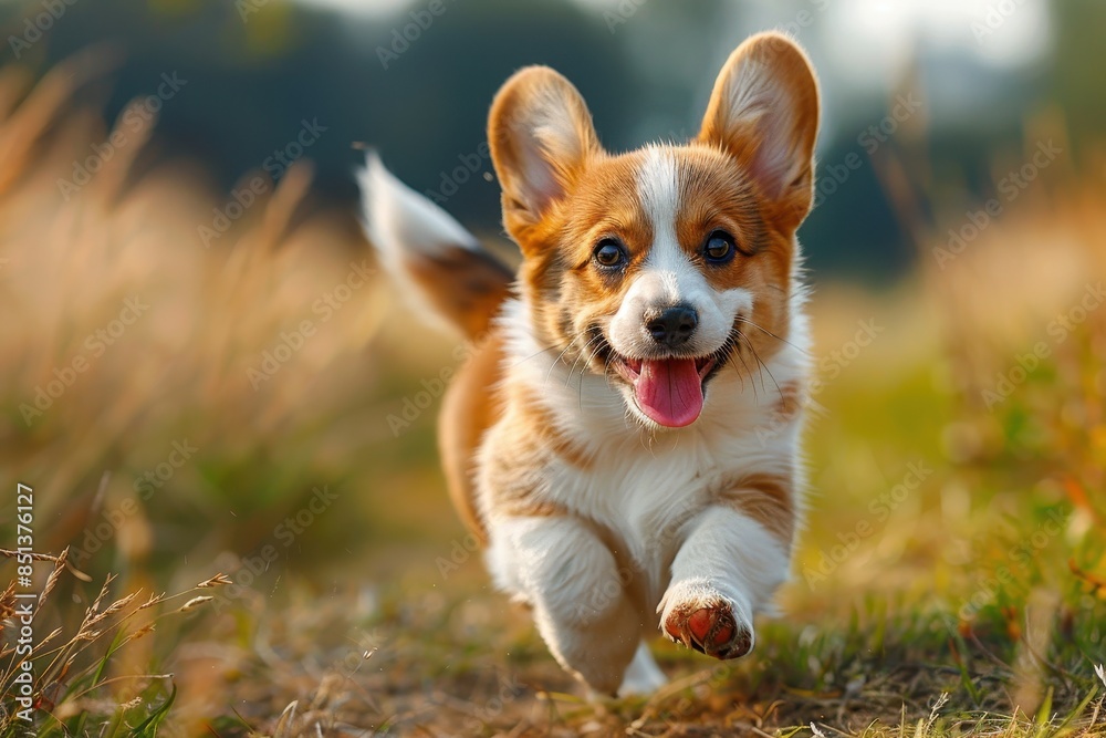A corgi puppy running through a grassy field, ears flopping and tongue hanging out. The background shows a bright, sunny day A corgi puppy running through a grassy field, ears flopping and tongue hanging out. The background shows a bright, sunny day
