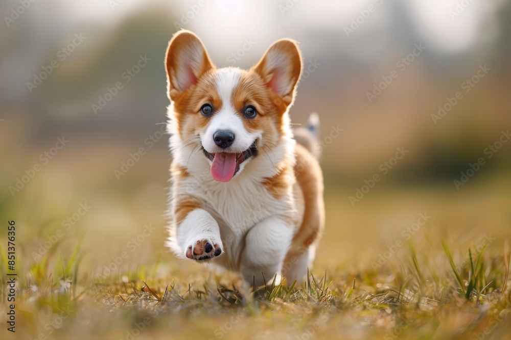 A corgi puppy running through a grassy field, ears flopping and tongue hanging out. The background shows a bright, sunny day A corgi puppy running through a grassy field, ears flopping and tongue hanging out. The background shows a bright, sunny day