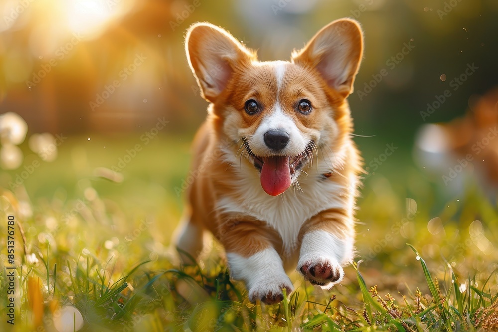 A corgi puppy running through a grassy field, ears flopping and tongue hanging out. The background shows a bright, sunny day A corgi puppy running through a grassy field, ears flopping and tongue hanging out. The background shows a bright, sunny day