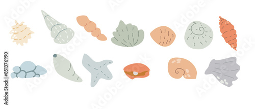 Cute childrens sea animals set. Marine underwater elements collection. Ocean inhabitants shells. Wild aquatic creatures in childish naive hand drawn style.