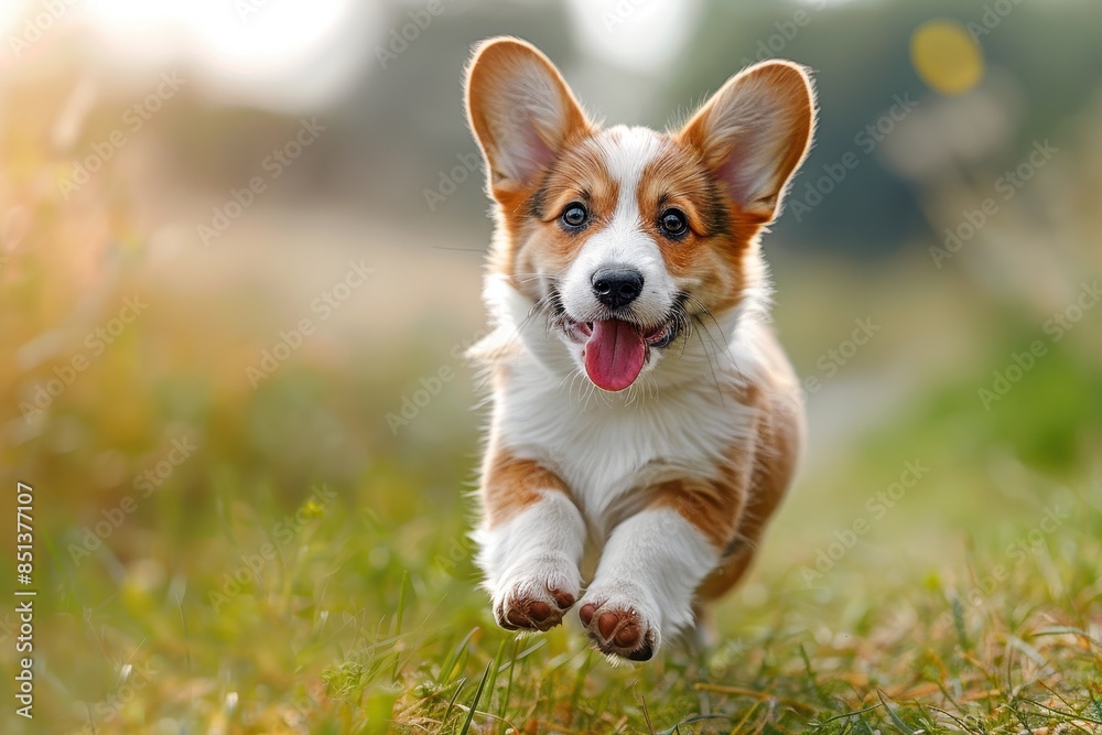 A corgi puppy running through a grassy field, ears flopping and tongue hanging out. The background shows a bright, sunny day 