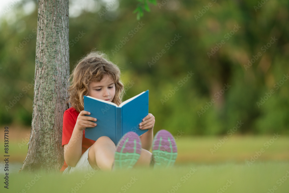 Outdoor portrait of a cute little kid reading a book in summer park. Blond kid boy sitting on grass and reading book. Summer weekend in park. Schoolboy child study with book, learning. Book store. Outdoor portrait of a cute little kid reading a book in summer park. Blond kid boy sitting on grass and reading book. Summer weekend in park. Schoolboy child study with book, learning. Book store.