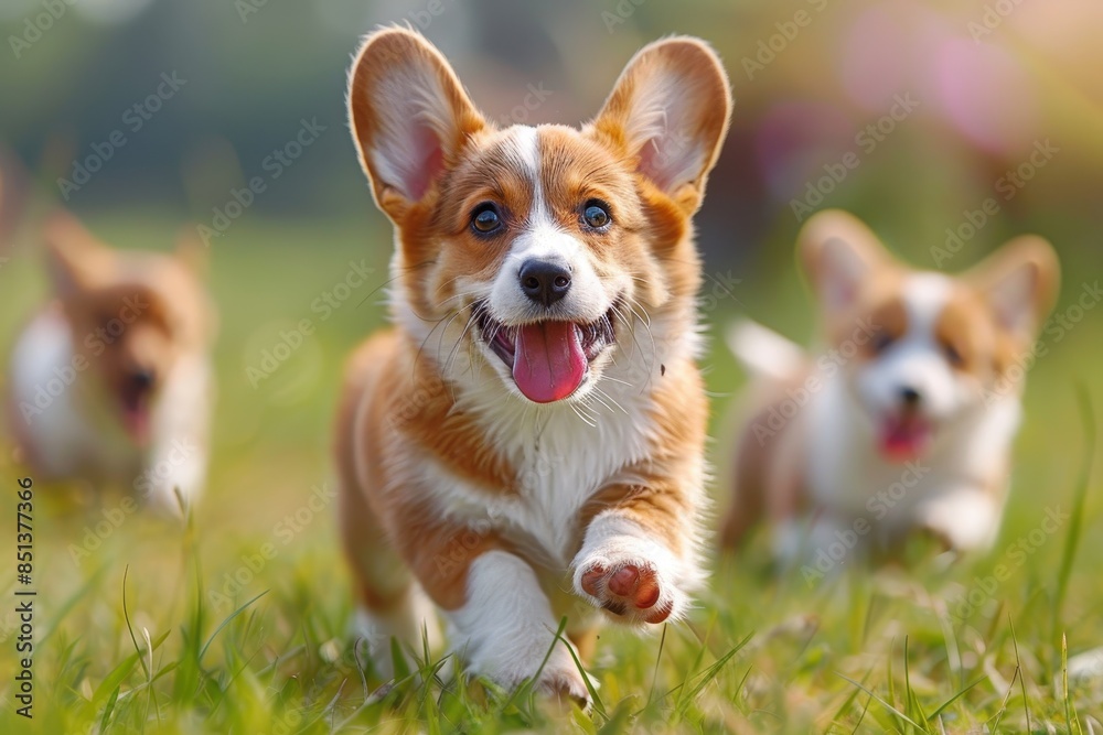 A corgi puppy running through a grassy field, ears flopping and tongue hanging out. The background shows a bright, sunny day 