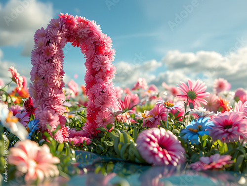 a large number zero with floral decorations, a large flower arch, and a winding stream, all set against a backdrop of fluffy white clouds.