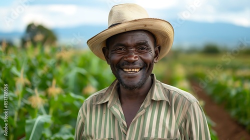 A smiling farmer standing proudly in a field of crops, representing the positive impact of fair trade on local communities