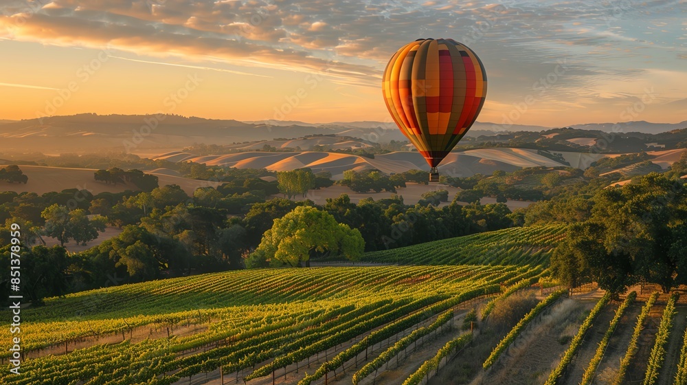 Obraz premium Hot air balloon flying over vineyards at sunrise.