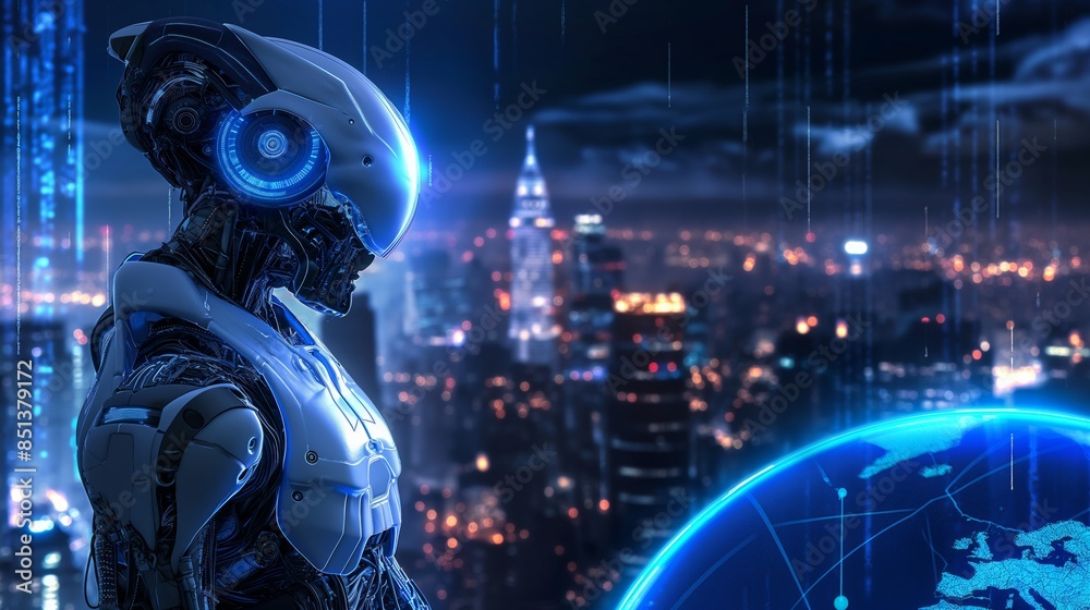 A high-tech robot with glowing blue accents stands in front of a vibrant cityscape, with a digital globe in the foreground representing global technology A high-tech robot with glowing blue accents stands in front of a vibrant cityscape, with a digital globe in the foreground representing global technology