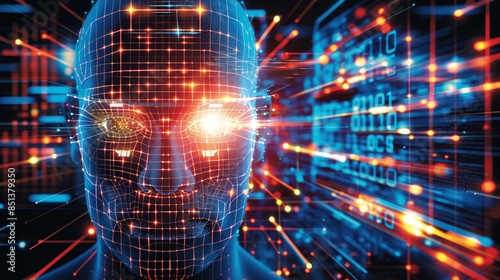 A human face made of glowing grid lines and data streams, with intense light emanating from the eyes, symbolizing the intersection of human vision and digital technology