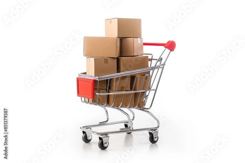 Shopping Cart With Boxes. Online Shopping and Delivering Concept - Product Package Shipped in Cart, Isolated on White Background