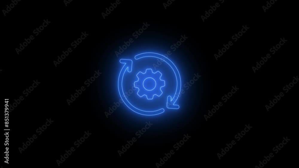 Moving glowing neon gears and arrows showing recycling animation . Moving glowing neon gears and arrows showing recycling animation .