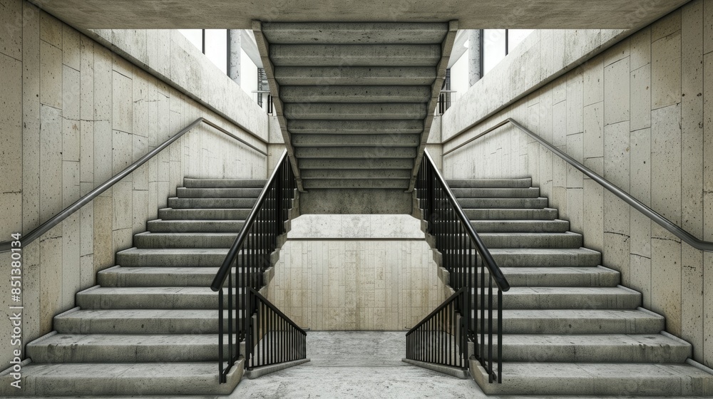 Apartment Building Stairs. Hall with Two Flights of Concrete Staircase and Black Metal Railings for Safety Apartment Building Stairs. Hall with Two Flights of Concrete Staircase and Black Metal Railings for Safety