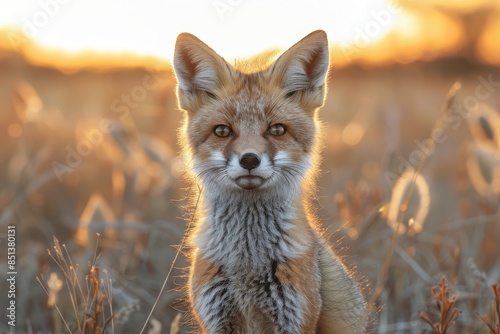 A curious fox kit standing in a field of tall grass, with its head slightly tilted and ears perked up. The background shows a golden sunset © Nico
