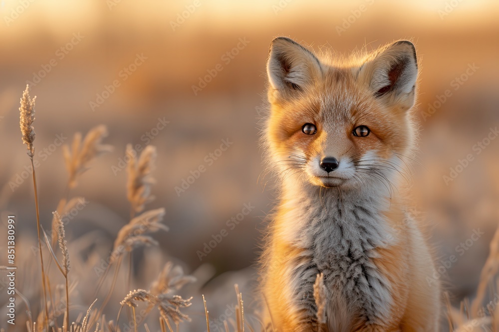 Fototapeta premium A curious fox kit standing in a field of tall grass, with its head slightly tilted and ears perked up. The background shows a golden sunset