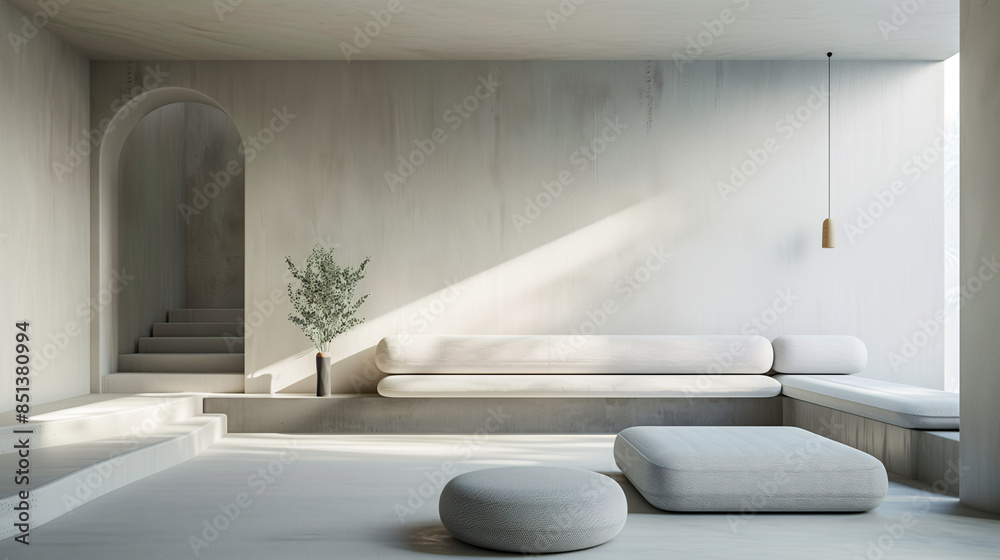 Minimalist grey sofa in a serene meditation space Minimalist grey sofa in a serene meditation space