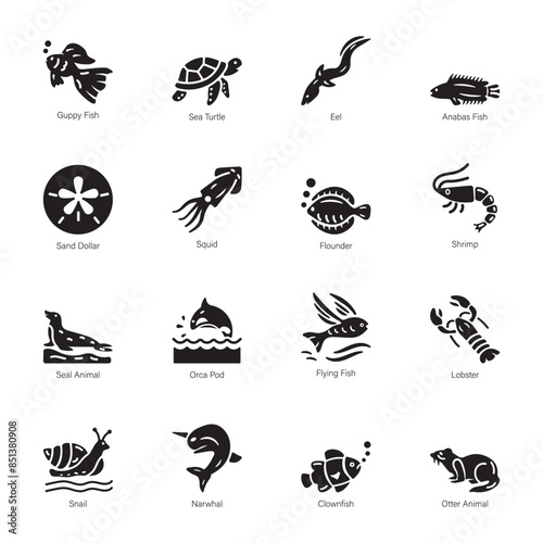 Collection of Aquatic Animals Glyph Icons 


