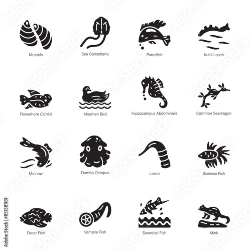 Trendy Glyph Icons of Underwater Animals 

