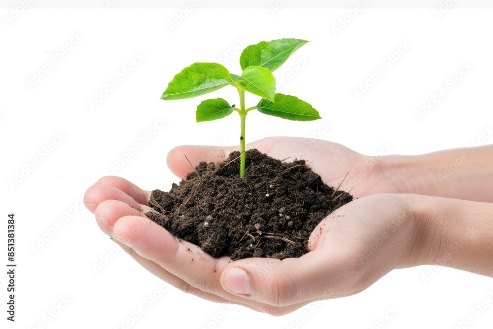 Hands Holding Seedling on White Background. Ecology Concept with Tree and Green Nature
