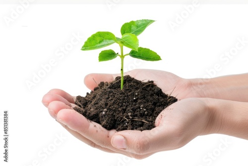 Hands Holding Seedling on White Background. Ecology Concept with Tree and Green Nature © Web