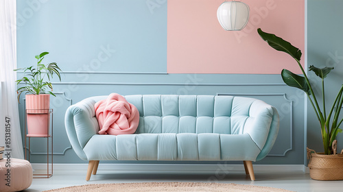 Soft pastel-colored sofa in a cozy reading nook