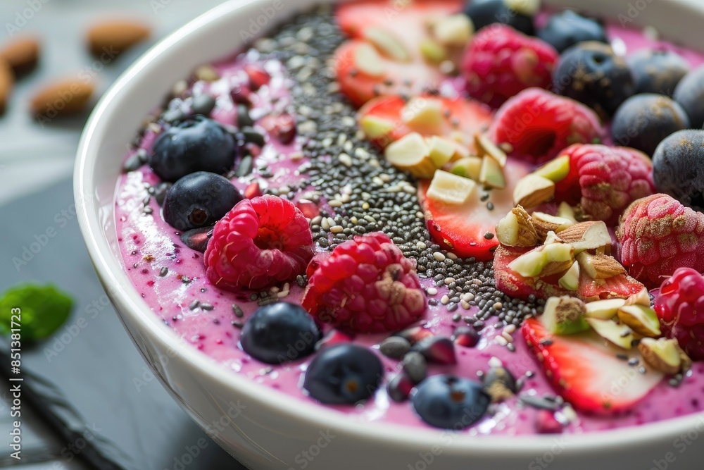 A smoothie bowl topped with fruits, nuts, and seeds A smoothie bowl topped with fruits, nuts, and seeds