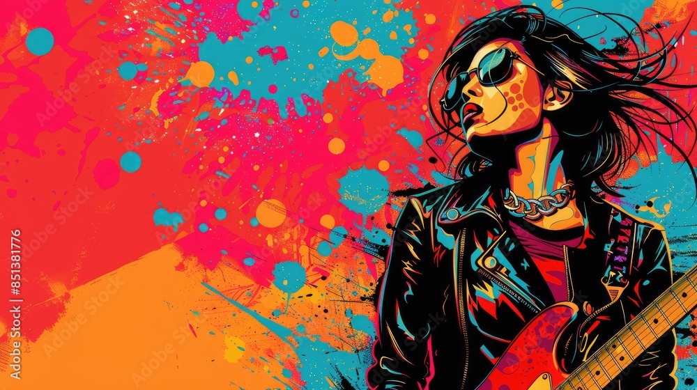Edgy Rock Star Vivid Abstract Pop Art with Electric Guitar in Neon Colors Edgy Rock Star Vivid Abstract Pop Art with Electric Guitar in Neon Colors
