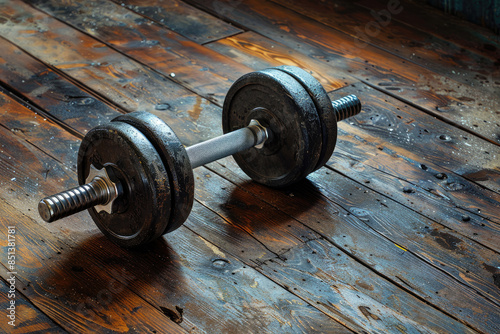 Rustic Dumbbell on Wooden Floor - Fitness Equipment in Vintage Home Gym Setting