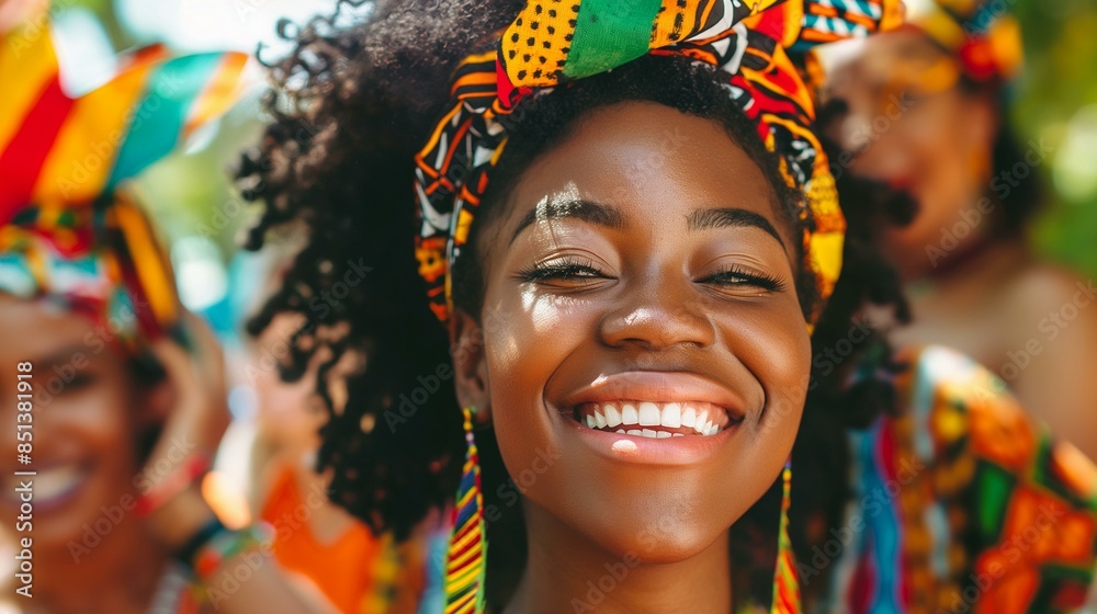 Vibrant Black History Month Celebration with Smiling Woman in Traditional Attire Vibrant Black History Month Celebration with Smiling Woman in Traditional Attire