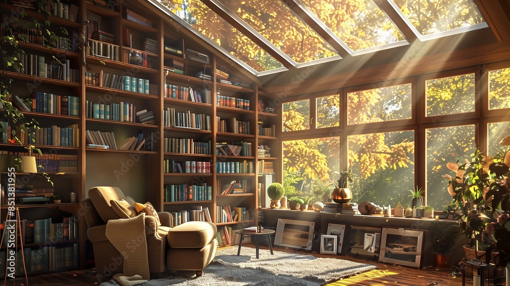 A sunroom with a cozy reading nook, filled with bookshelves, a comfortable armchair, and sunlight pouring in from skylights A sunroom with a cozy reading nook, filled with bookshelves, a comfortable armchair, and sunlight pouring in from skylights