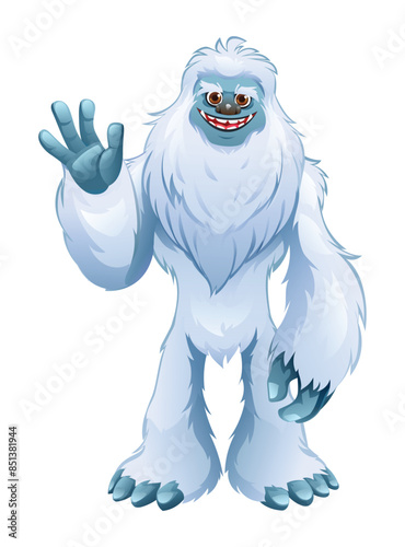 Yeti waving hand cartoon character. Monster vector illustration isolated on white background