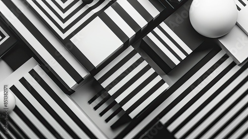 Modern Black and White Geometric Pattern with 3D Shapes and Stripes for Abstract Background photo