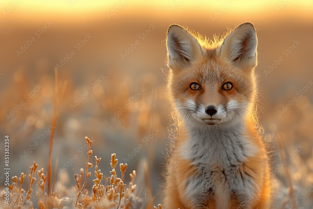 A curious fox kit standing in a field of tall grass, with its head slightly tilted and ears perked up. The background shows a golden sunset