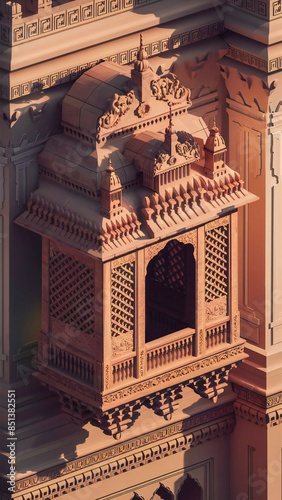 A stunning photograph of an intricately carved jharokha, an ornate window design often seen in Indian palaces. The jharoka is adorned with intricate floral and geometric patterns. Generative AI photo