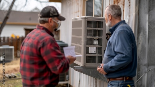 Air Source Heat Pump Inspection, Technicians Reviewing Plans Outdoor hyper realistic 