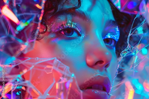 in cyberpunk world, young woman on background made of reflective plastic materials, colors change with viewing or illumination geometry, futuristic iridescent concept 