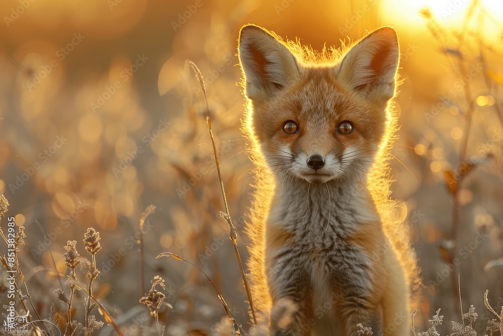 Fototapeta premium A curious fox kit standing in a field of tall grass, with its head slightly tilted and ears perked up. The background shows a golden sunset