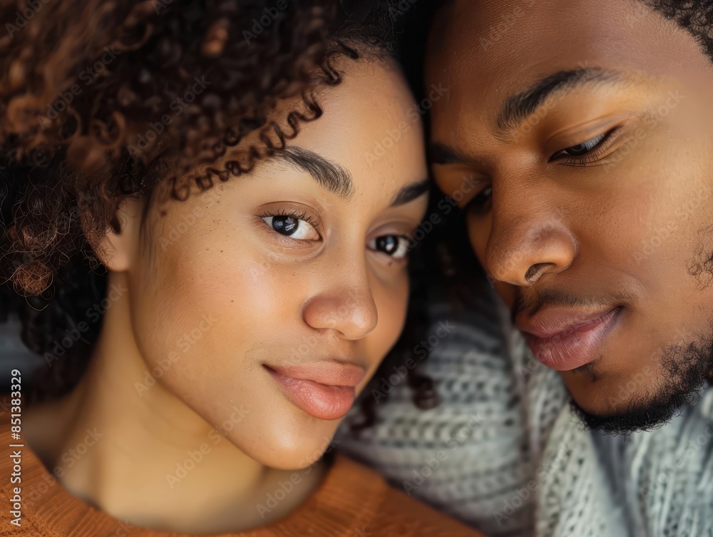 A close-up of two faces, one with freckles and blue eyes, the other with dark skin and brown eyes. A close-up of two faces, one with freckles and blue eyes, the other with dark skin and brown eyes.