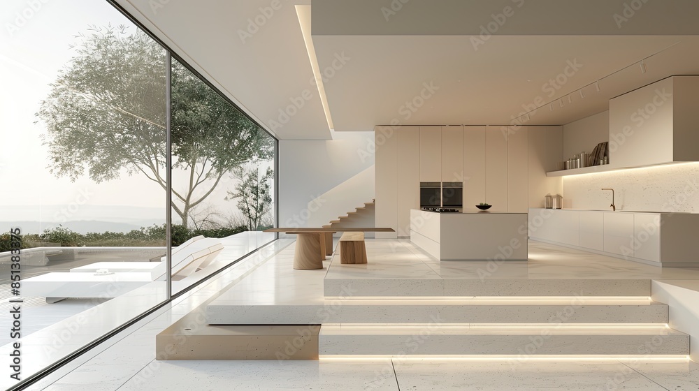 Modern Minimalist Kitchen with Large Windows and Scenic Views Modern Minimalist Kitchen with Large Windows and Scenic Views