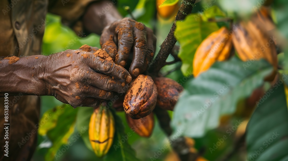 A close-up shot of a farmer's hands carefully harvesting cocoa pods from a lush green tree in a fair trade cooperative. A close-up shot of a farmer's hands carefully harvesting cocoa pods from a lush green tree in a fair trade cooperative.