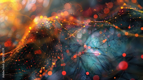 Abstract Digital Network with Glowing Nodes and Lines in Orange and Blue Colors