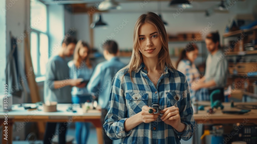 The woman in blue plaid The woman in blue plaid